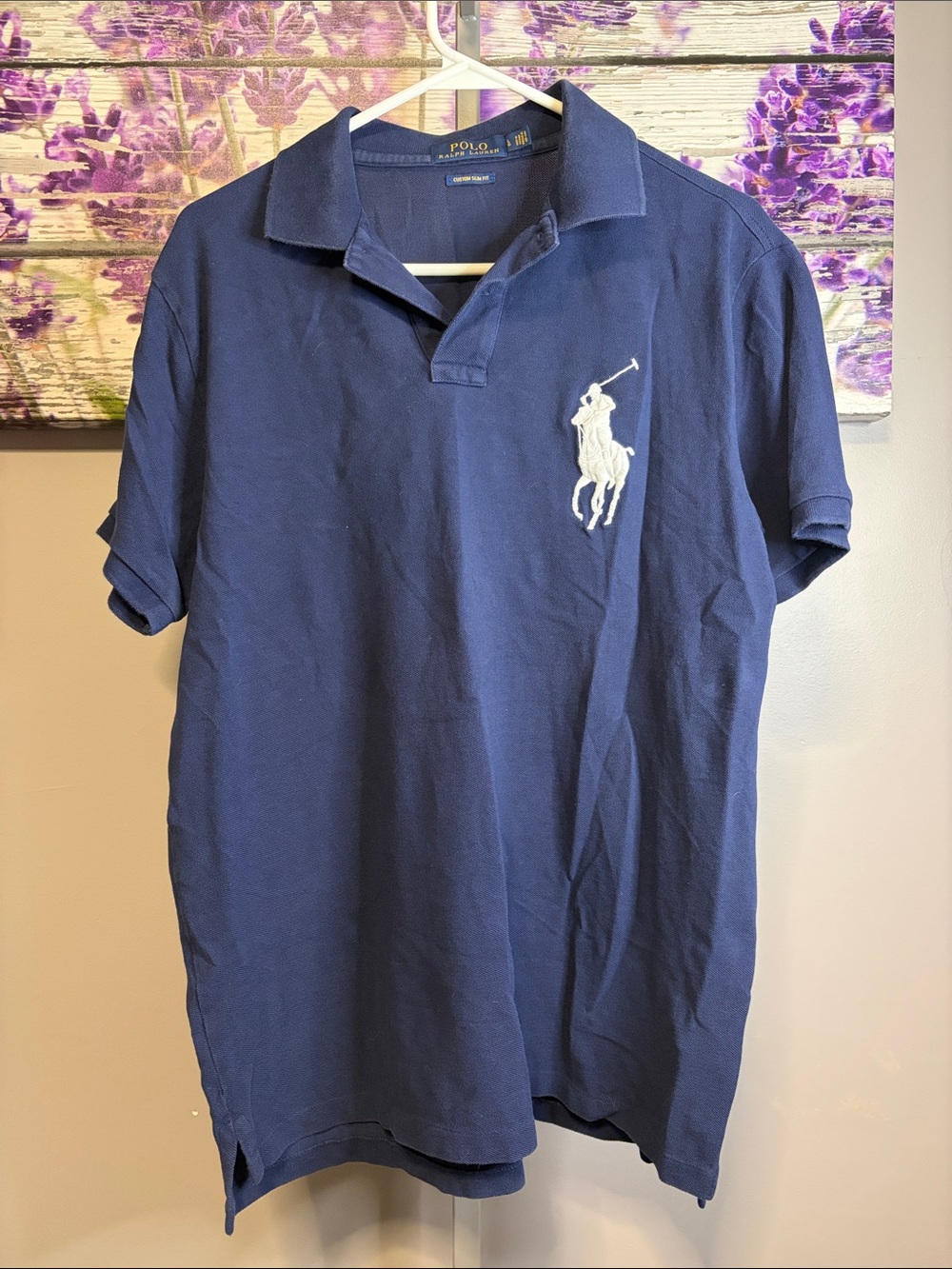 Polo by Ralph Lauren Navy Polo with Big White Pony Logo Size L Slim Fit EUC